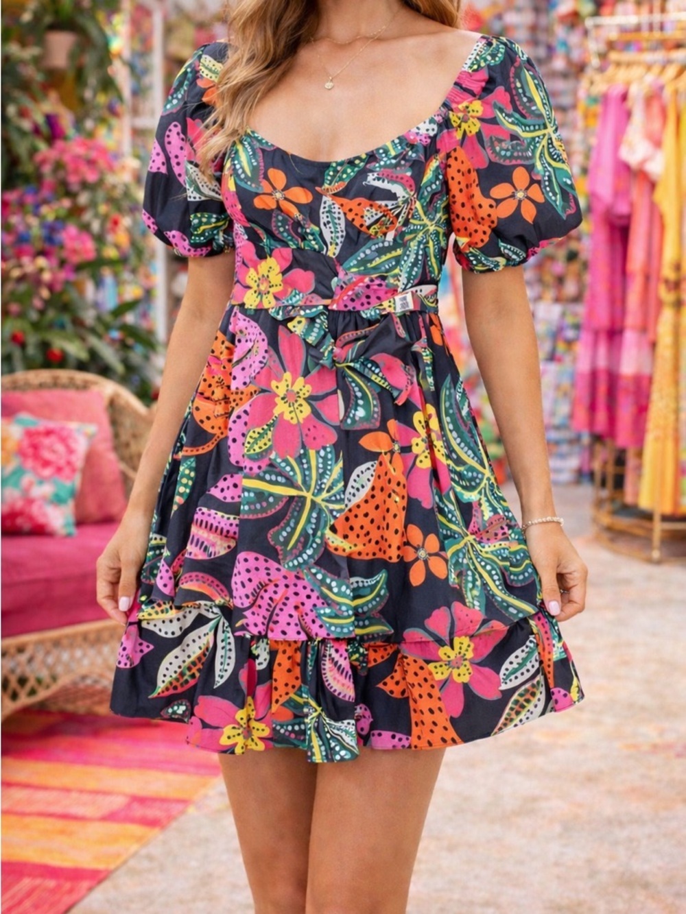 Crystal Doll Floral Mini Dress Puff Sleeve Ruffle Tiered Tie Back Size M